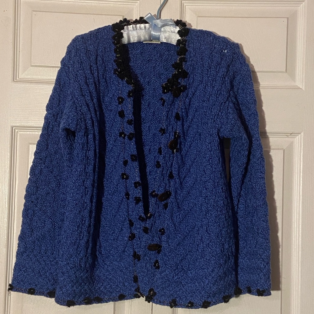Aran Isle Chunky Cable Knit Sweater Cardigan sz M in Royal Blue w/ Custom Trim